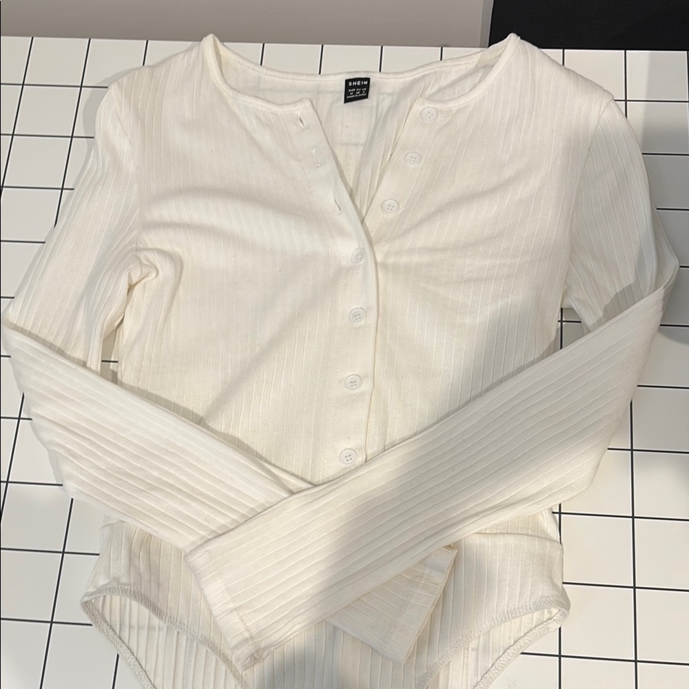 SHEIN Cream Ribbed Long Sleeve Bodysuit